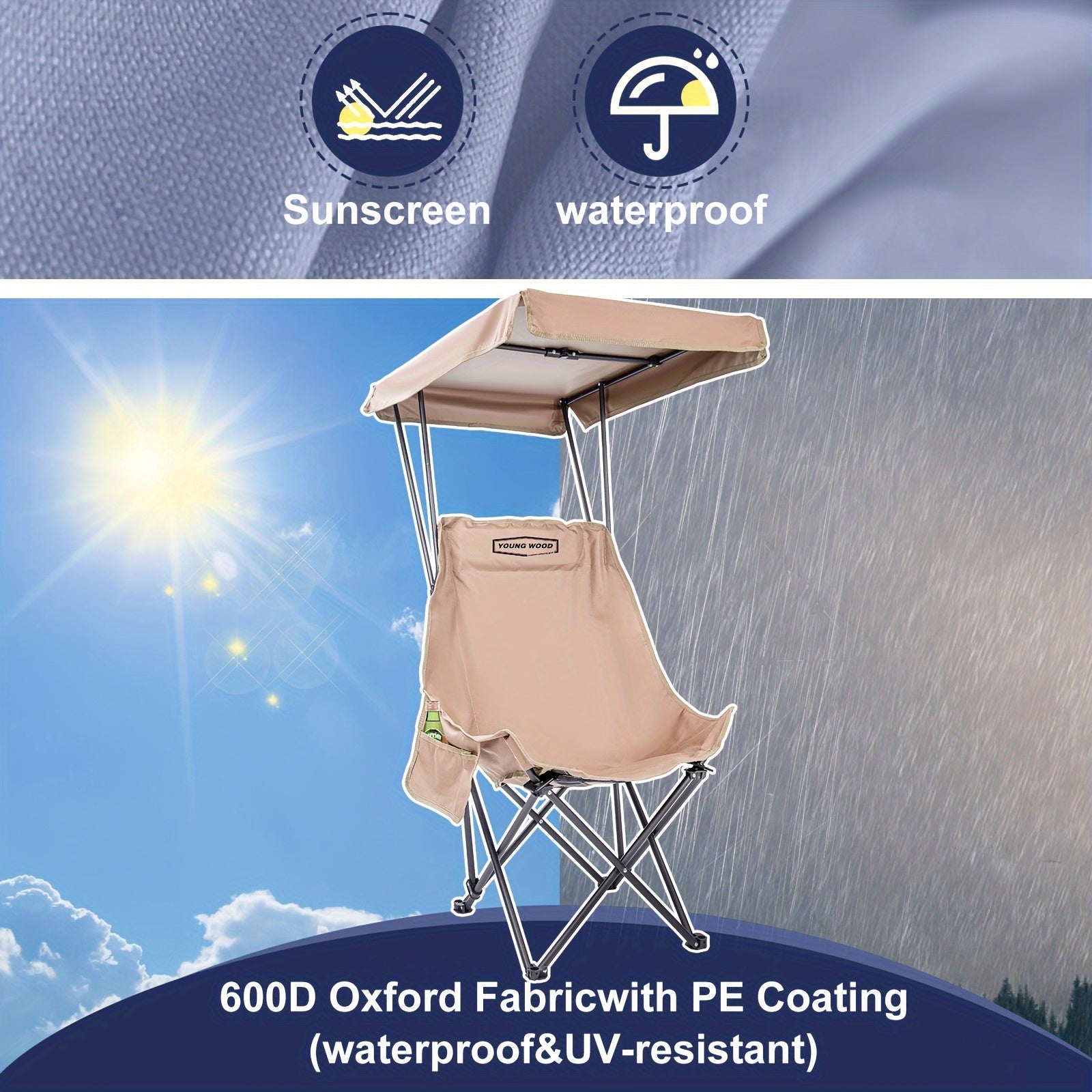 Portable Camping Chair with Sun Shade Canopy, Adjustable, Lightweight, Supports Up to 330 lbs
