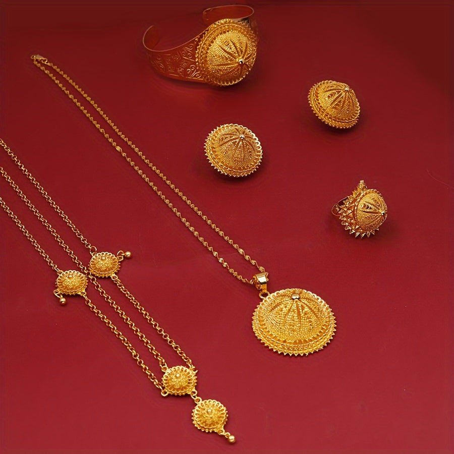 Vintage Copper Alloy Jewelry Set with Necklace Earrings Ring Bracelet and Head Chain for Weddings and Parties