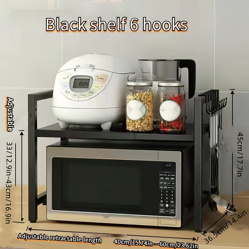Retractable Microwave Stand with Storage and Hooks for Countertops