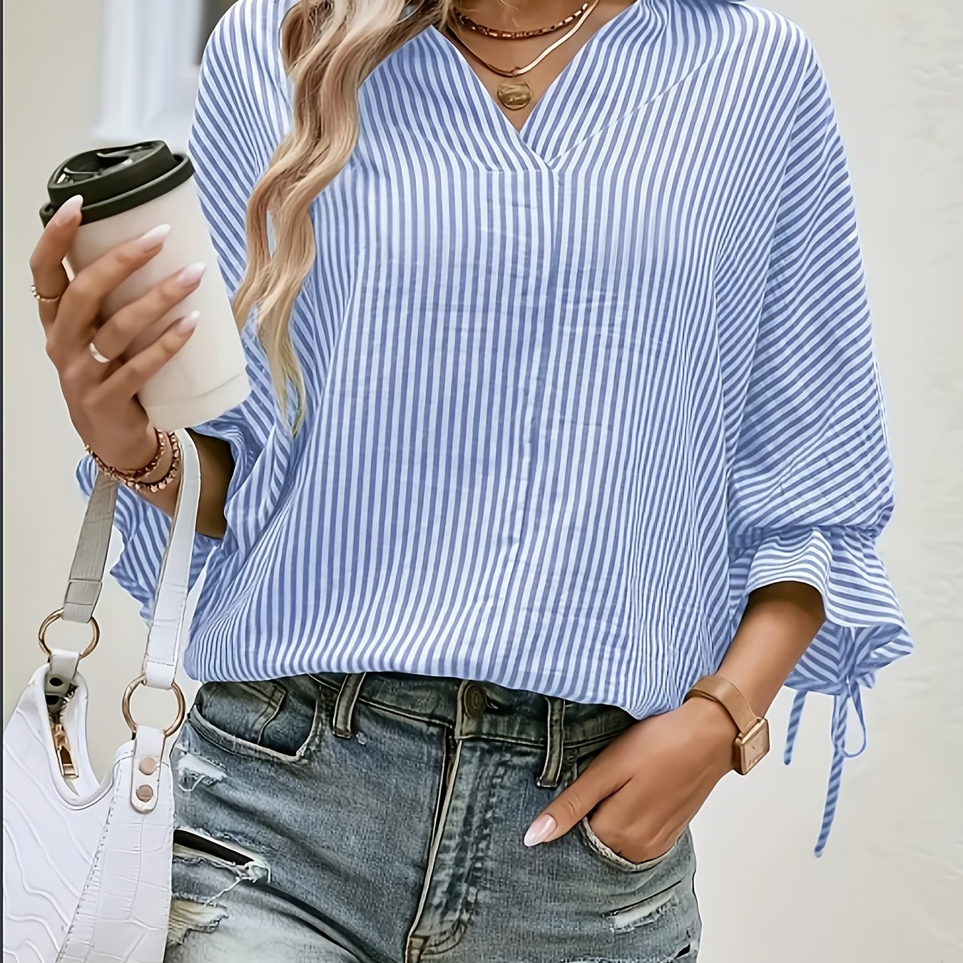 Plus Size Women's Striped Flared Sleeve Tie Back Shirt Vacation Wear