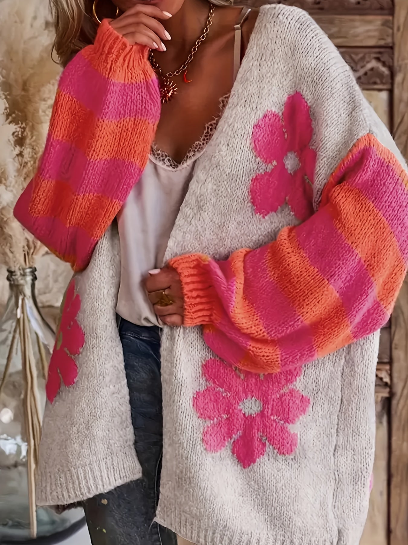 Женский вязаный кардиган с V-образным вырезом и цветочным принтом, оверсайз, розовый и белый