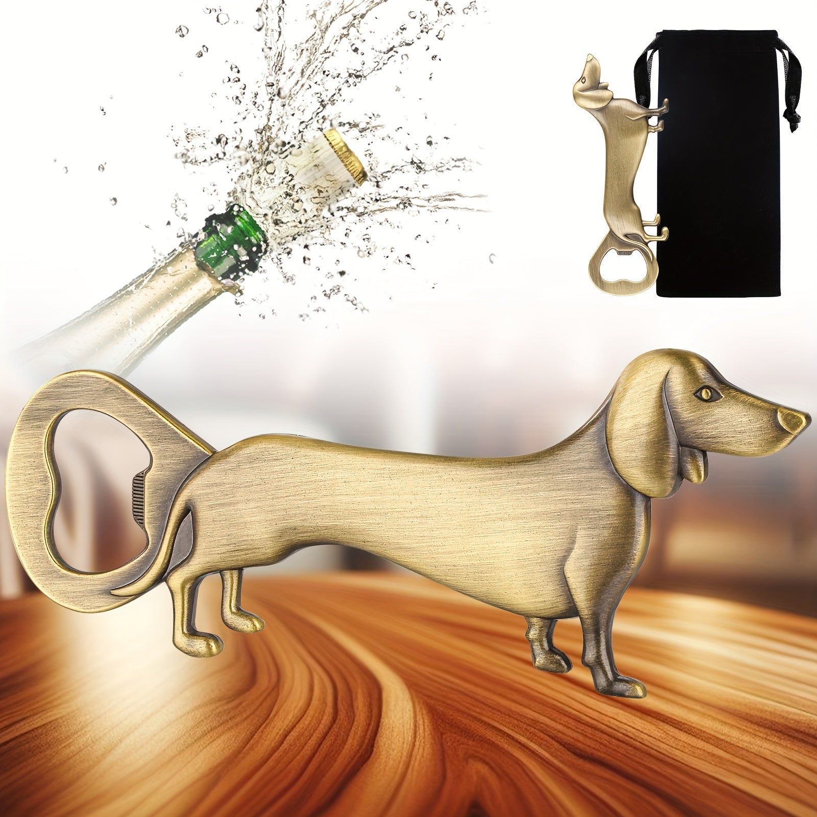 Abrebotellas Dachshund para cerveza, vino y jugo con funda de terciopelo para bares y uso doméstico
