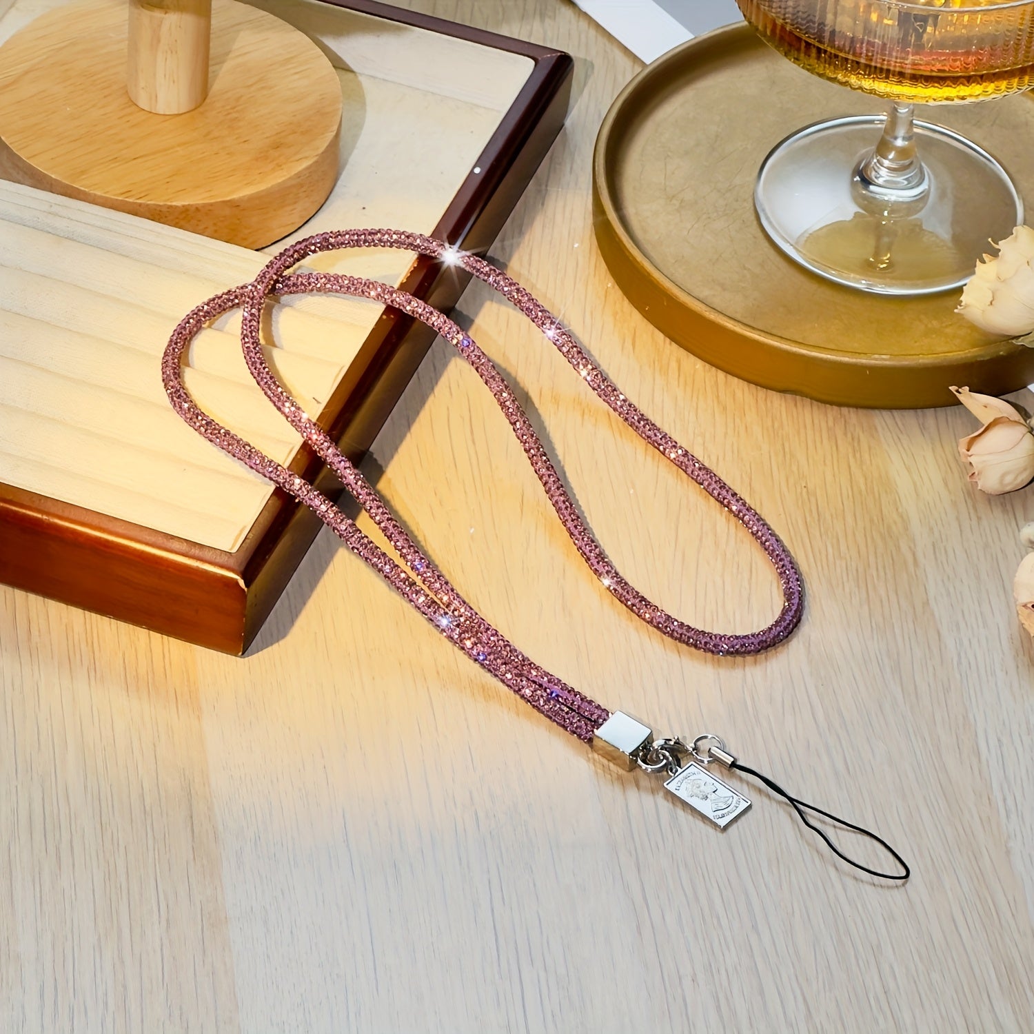 Chic Crystal Necklace Phone Holder for Women with Keychain Black Lanyard