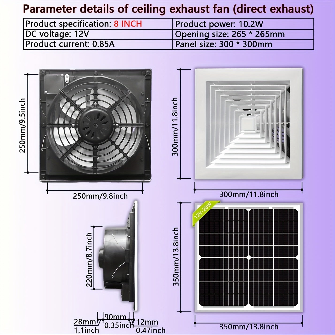 Портативный солнечный вентилятор 20,32 см 17 Вт для кемпинга, походов, автодомов, вентиляции теплиц