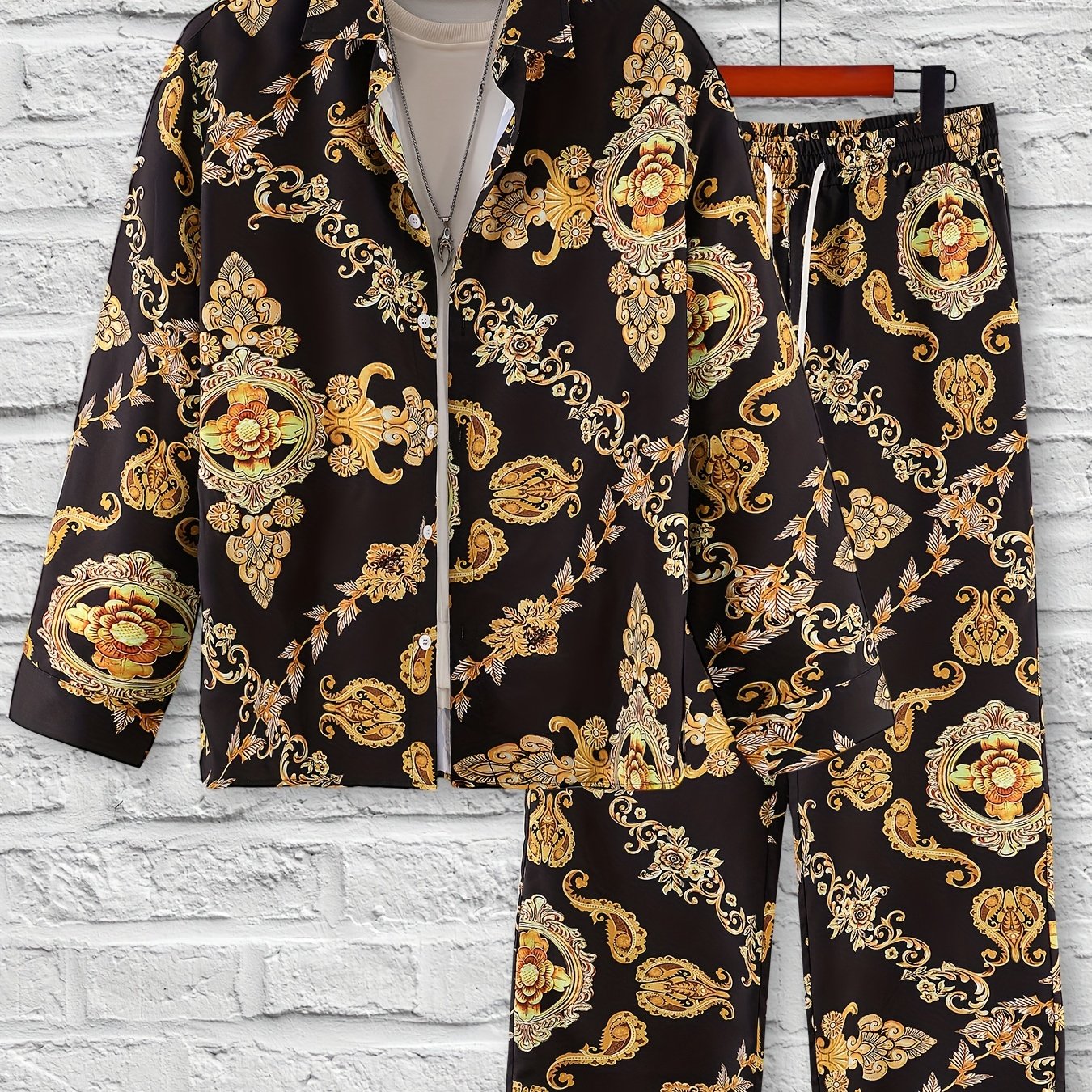 Men's Casual Printed Pajama Set with Long Sleeve Shirt and Elastic Waist Trousers