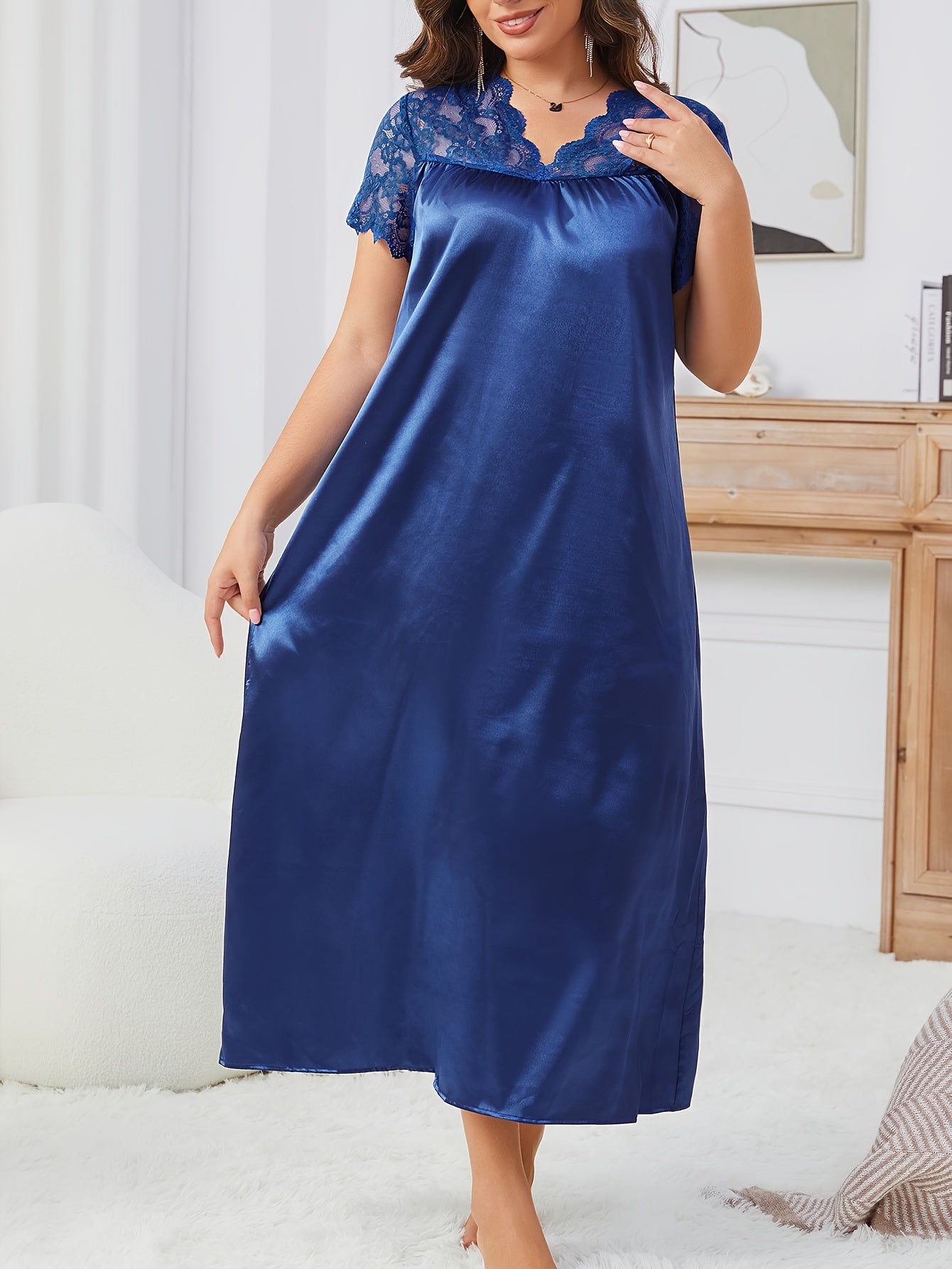 Plus Size Womens Red Lace Trim Sleepshirt Nightgown Long Sleeve All-Season Sleepwear