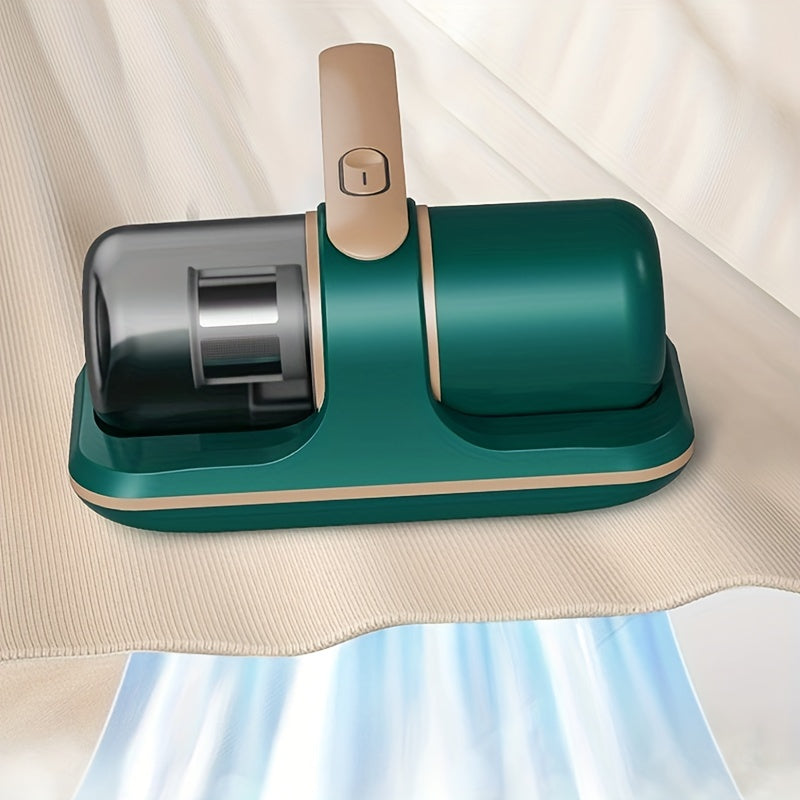 Портативный пылесос с высокой мощностью, беспроводной и перезаряжаемый через USB, идеально подходит для очистки кровати, дивана и ковров. Оснащен передовой системой фильтрации, LED-дисплеем и стильным зеленым и золотым дизайном.