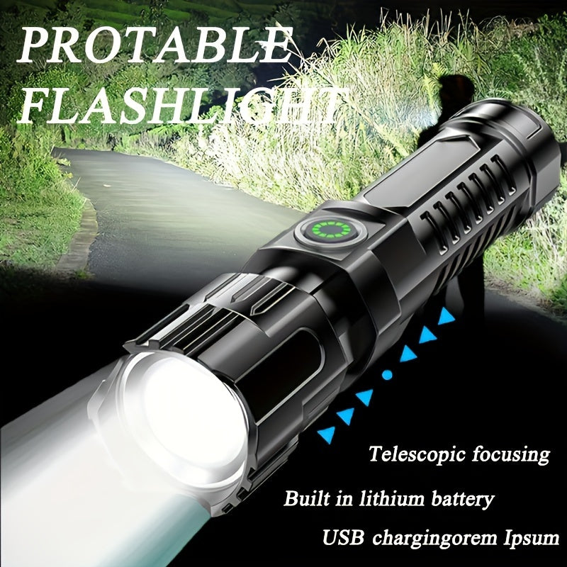 USB перезаряжаемый светодиодный фонарь с дальнобойным освещением, выдвижным дизайном и телескопической фокусировкой для кемпинга и походов.