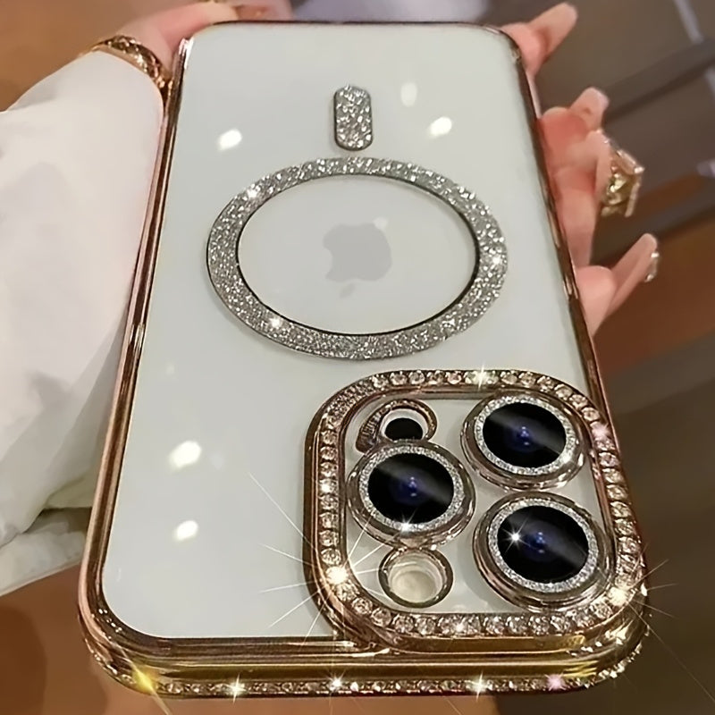 Magnetic Rhinestone Phone Case for iPhone 11-16 TPU Wireless Charging Magsafe Lens Protection