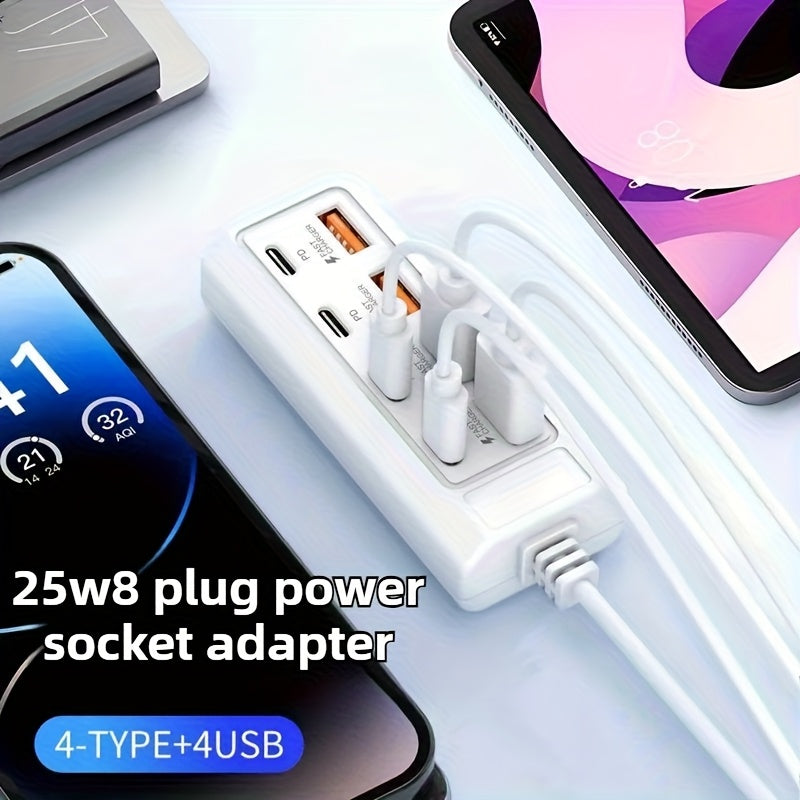 Multi Hole Power Strip with 4 USB and 4 PD Ports for Charging Devices