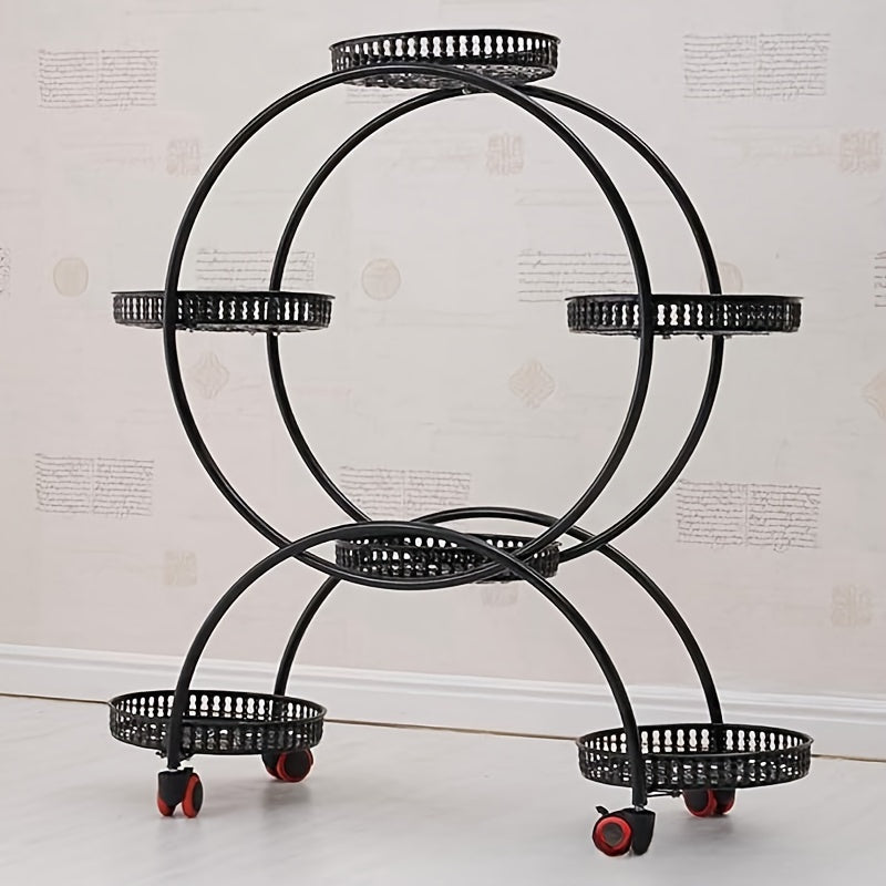 European-Style Metal Hanging Plant Stand with Wheels Multi-Level Indoor Outdoor Circular Design
