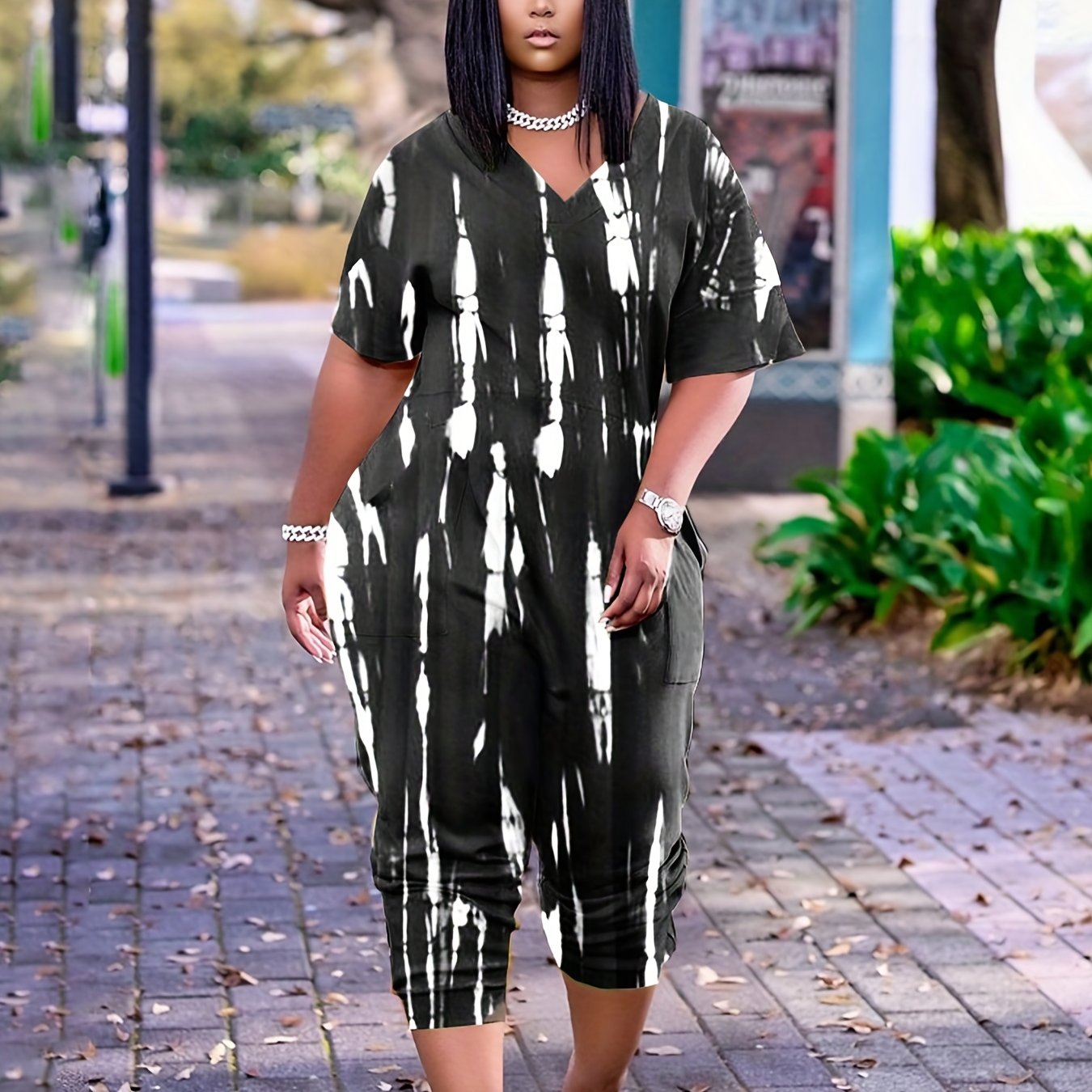 Women's Plus Size Casual Tie-Dye Jumpsuit with Pockets