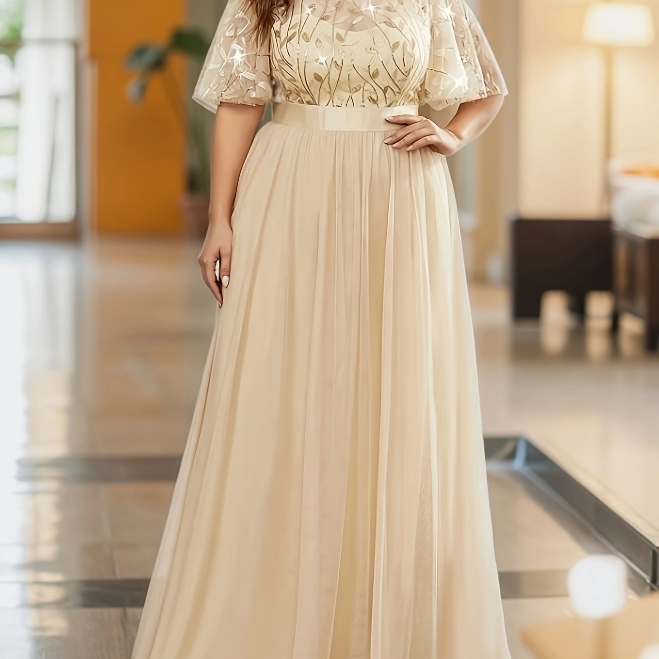 Plus Size Evening Gown Floral Embellished Long Sleeveless A-Line Dress for Weddings