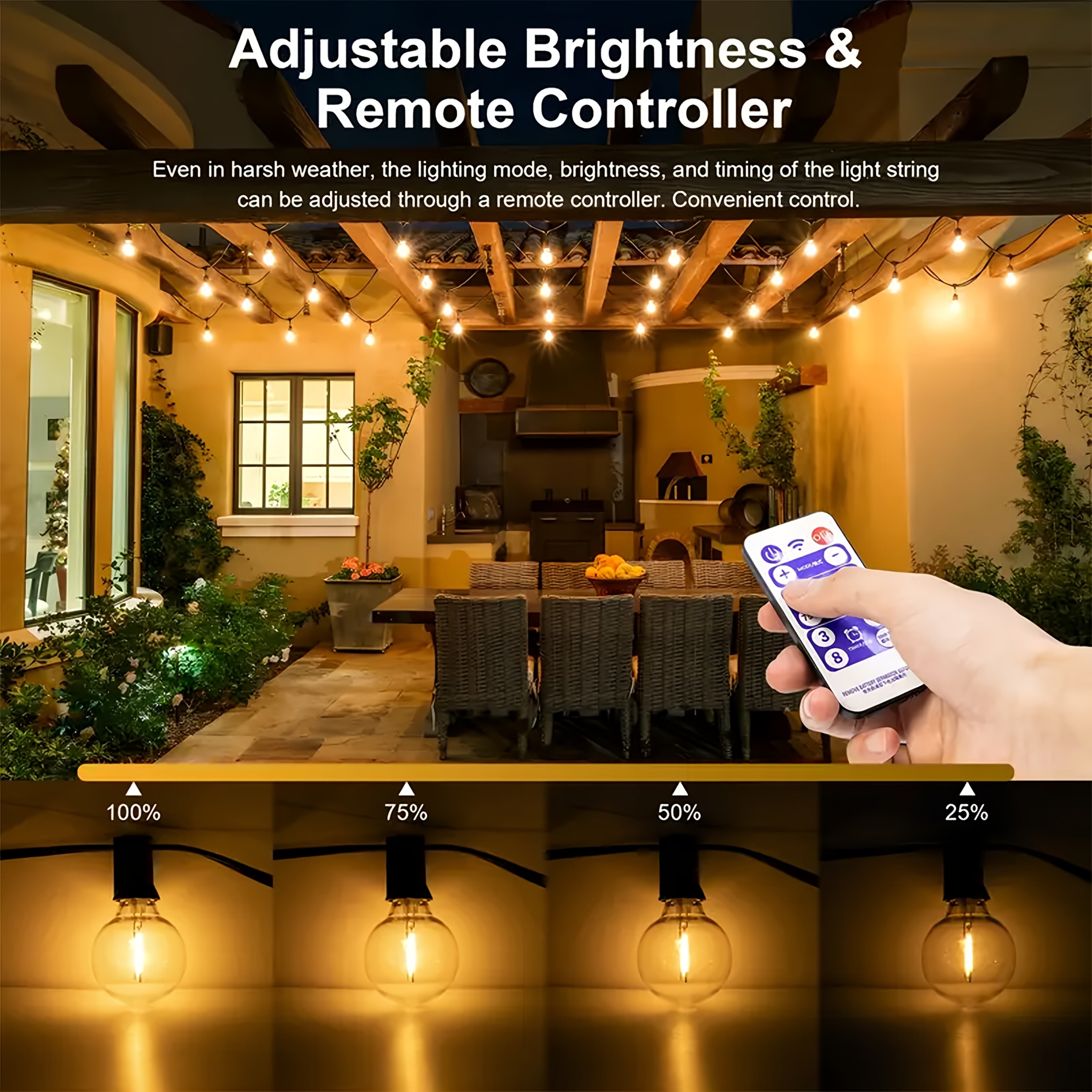Remote bilan Solar G40 String Lights, LED Globe Patio Lights, Shatterproof Bulbs, Bir nechta yoritish rejimlari, Remote boshqaruv, Partiyalar uchun Dimmable Osilgan Chiroqlar, Tashqarida ishlash uchun Quyosh energiyali