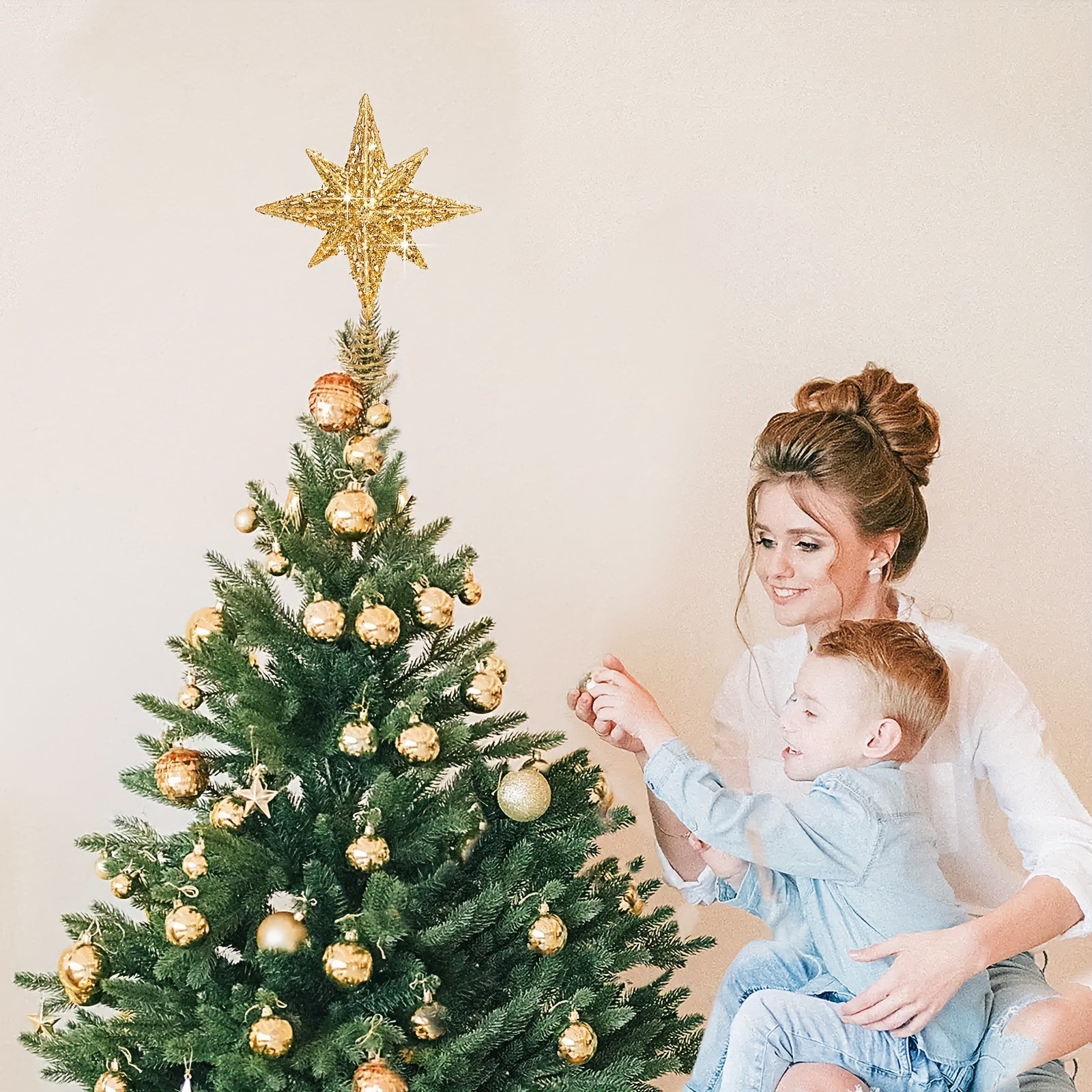 Adorno para árbol de Navidad de 8 pulgadas en oro y plata con purpurina para decoraciones en el hogar