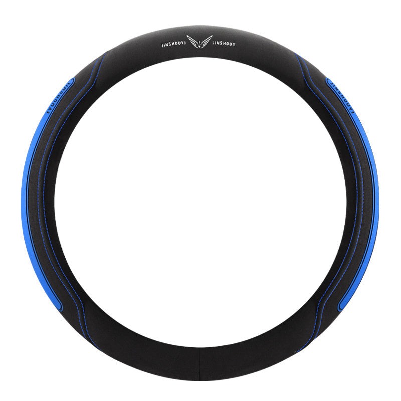 Universal Leather Steering Wheel Cover Black with Blue Accents for Cars