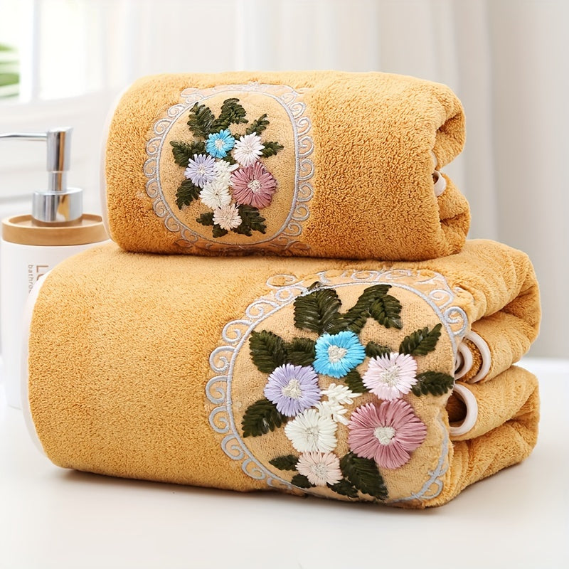 Set of 2 Embroidered Coral Fleece Towels Hand and Bath Soft Absorbent Fast-Drying