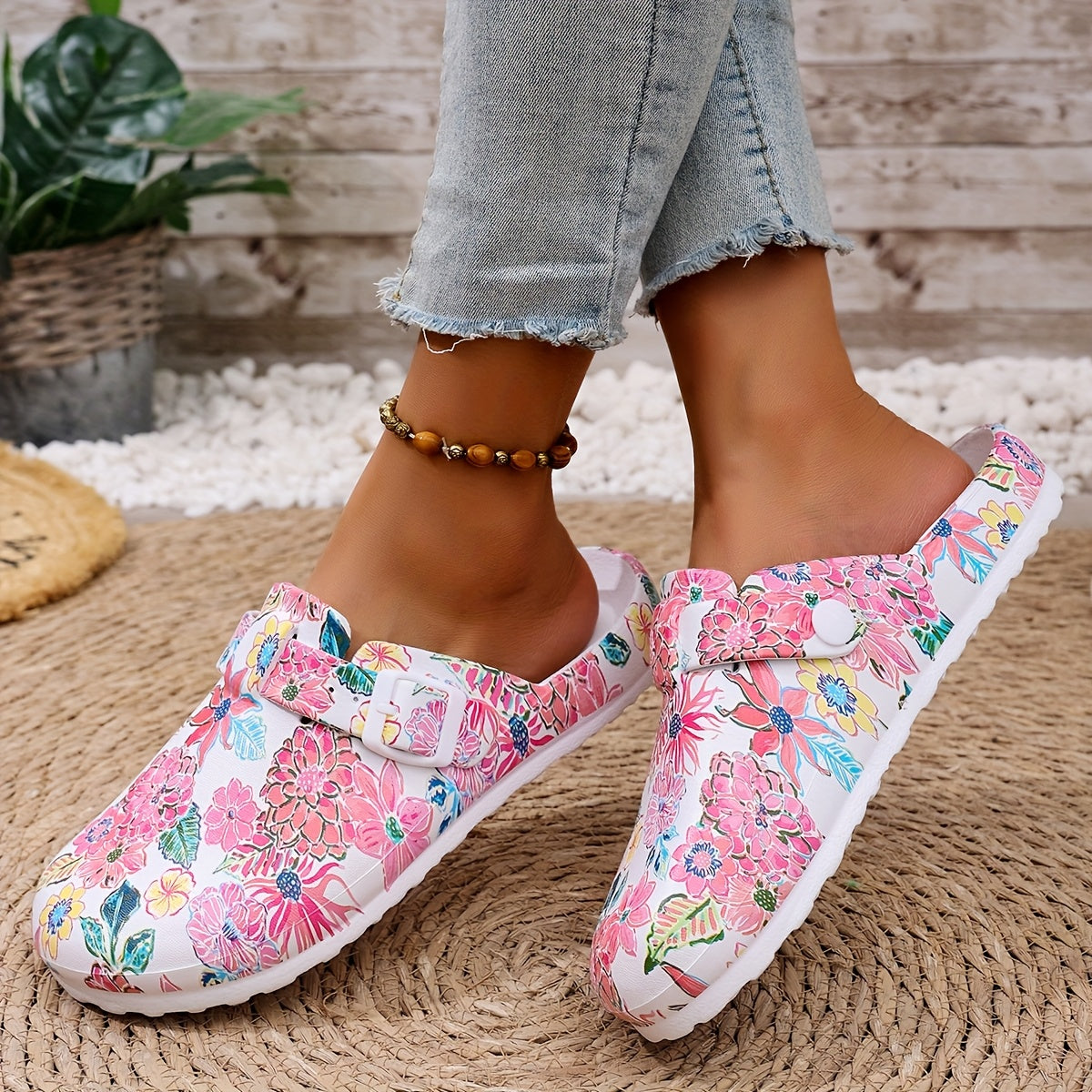 Women's EVA Floral Slide Sandals Pink Green Blue White Non-Slip Cushion