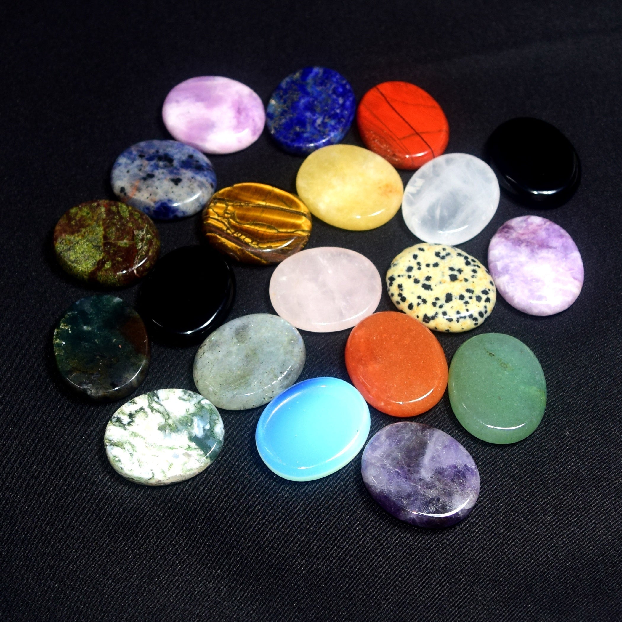 Set of 10 Natural Stone Energy Crystals with Oval Thumb Stones in Gift Box