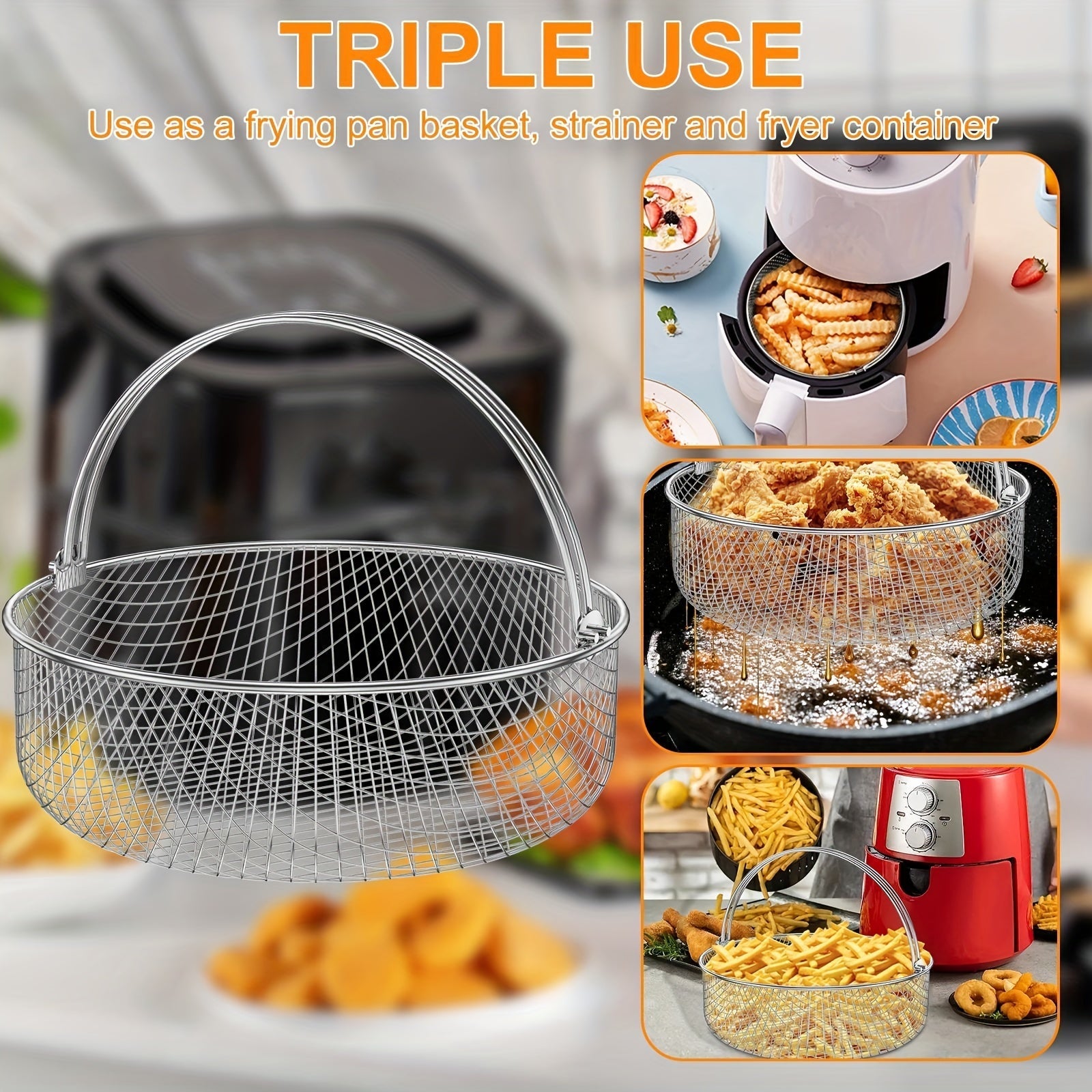 Havoni qovurish uchun mesh to'r - zanglamaydigan po'latdan yasalgan, tutqichi bilan - sog'lom ovqat tayyorlash uchun ideal, uy oshxonalariga mos