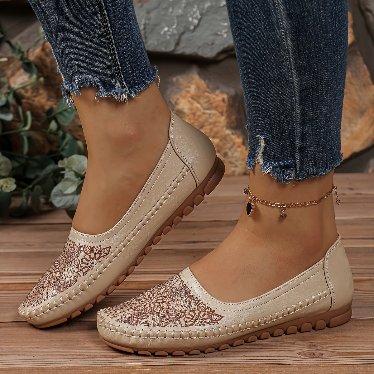 Women's Leather-Embroidered Slip-On Penny Loafers Flat Shoes