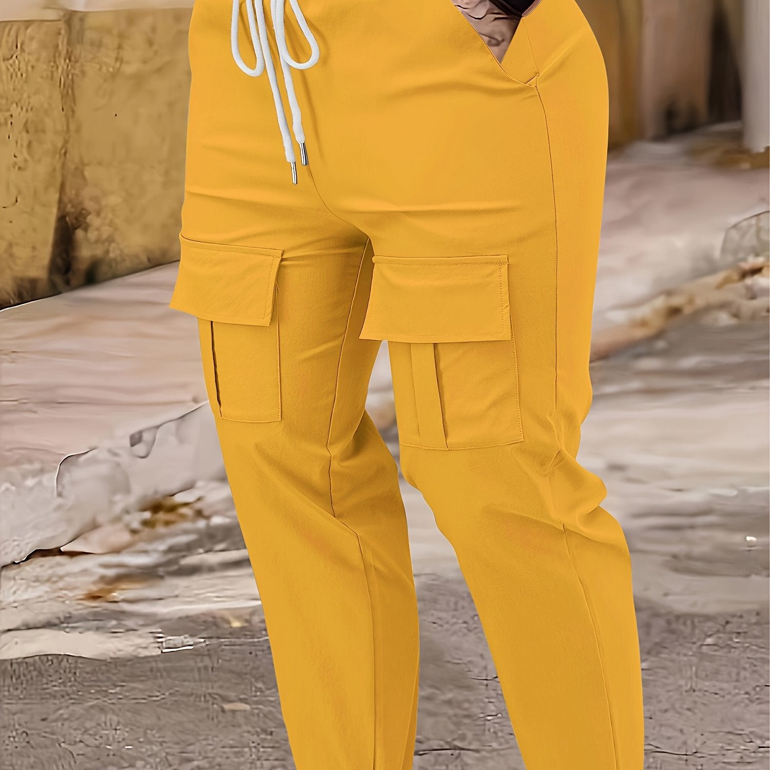 Plus Size Cargo Pants Fitted Flap Pockets Drawstring Casual Summer Women
