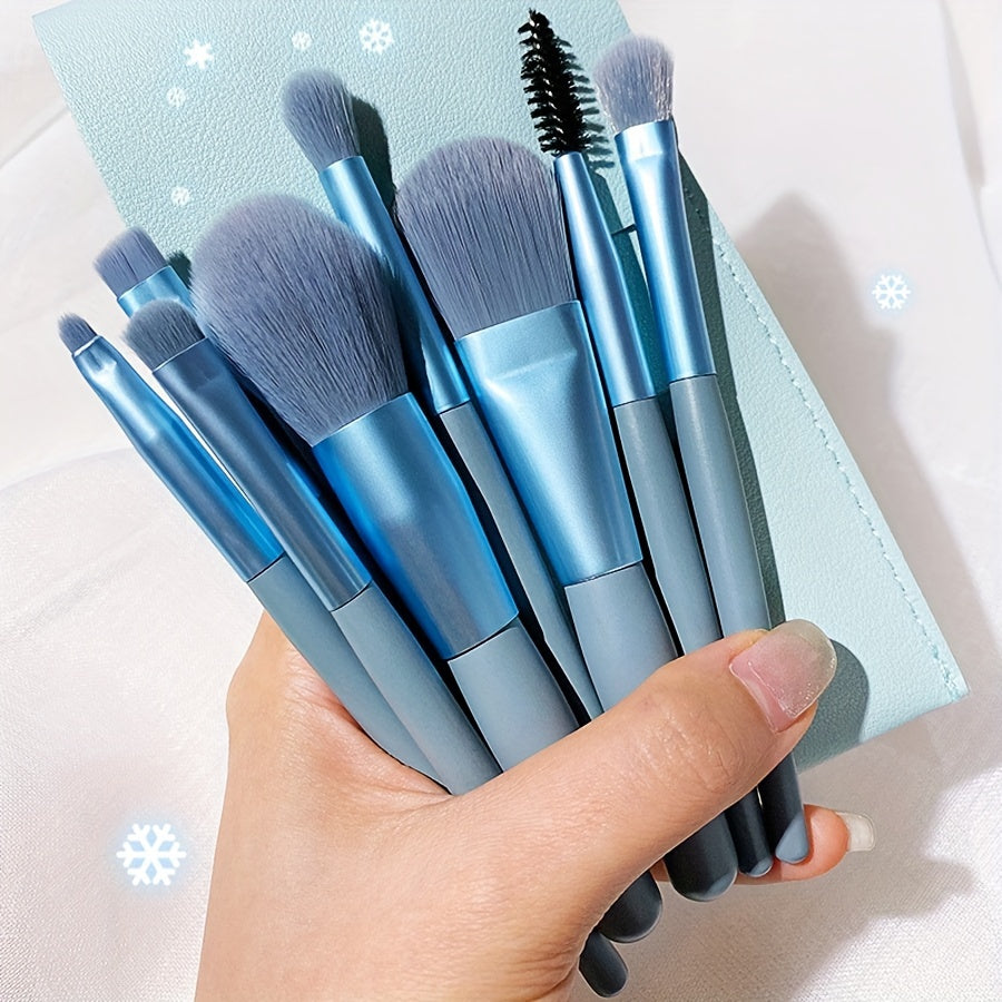 8-Piece Blue Facial Makeup Brush Set for Beginners Portable Travel-Friendly