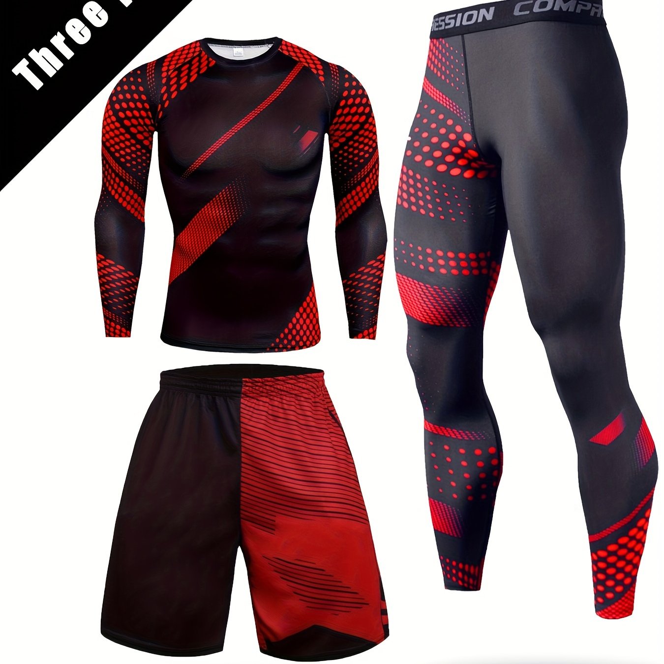 Men's Quick-Drying Sports Suit 3-Piece Long Sleeve Compression T-Shirt Shorts Leggings