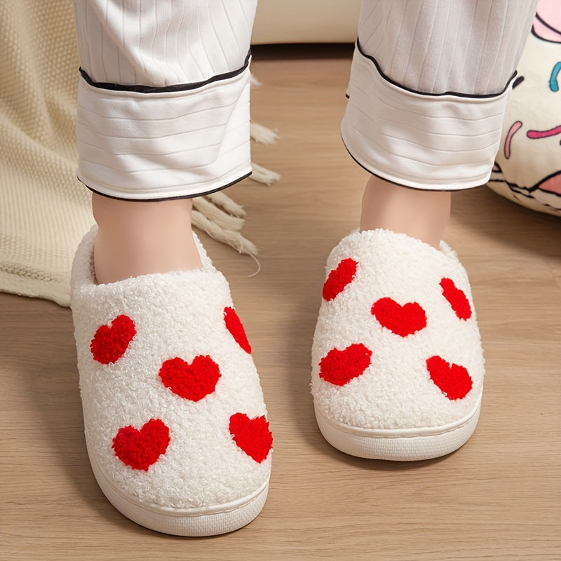Pantuflas de interior para mujer con patrón de corazones, forro de felpa, franela antideslizante y suela TPR