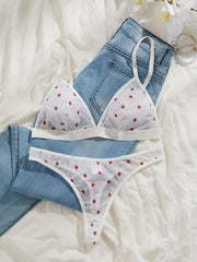 Women's Pink Strawberry Print Semi Sheer Mesh Lingerie Set