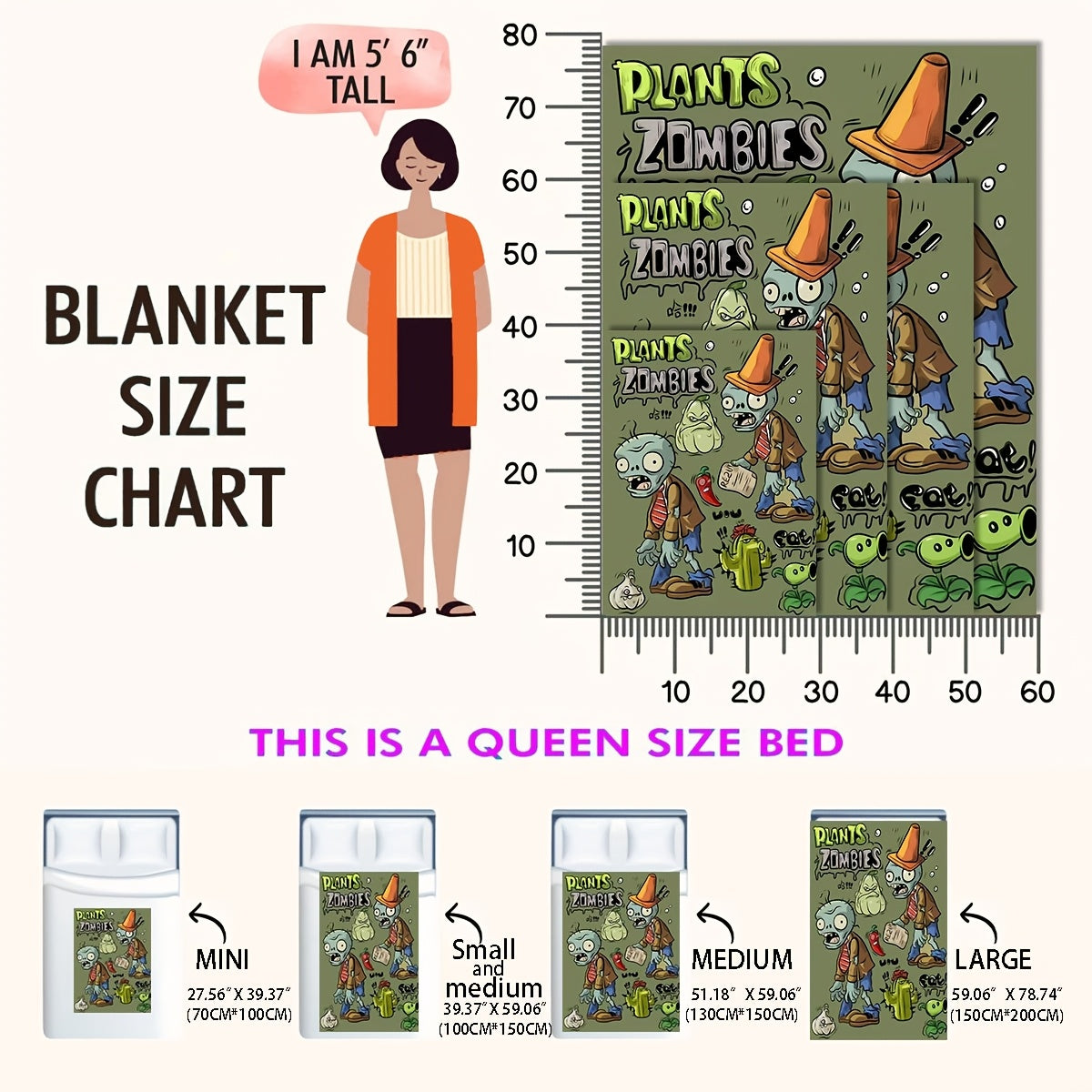 Plants vs Zombies Reversible Flannel Fleece Blanket for Kids and Adults 100% Polyester