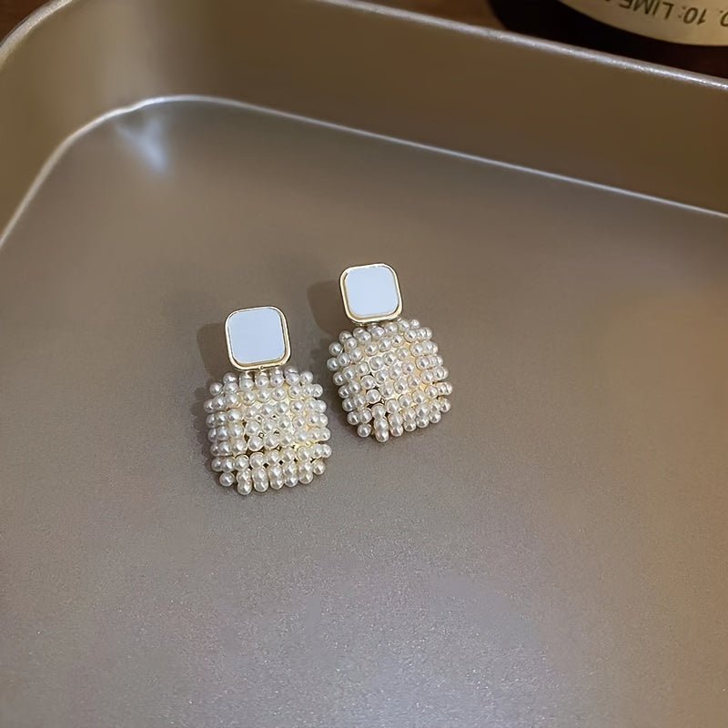 Women Pearl Drop Earrings Silver Plated Square Pendant Jewelry