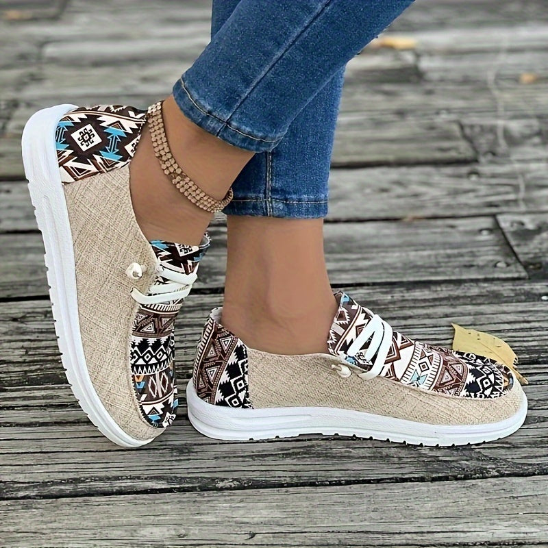 Women's Canvas Sneakers Casual Low Top Flat Shoes Lightweight Geometric Pattern