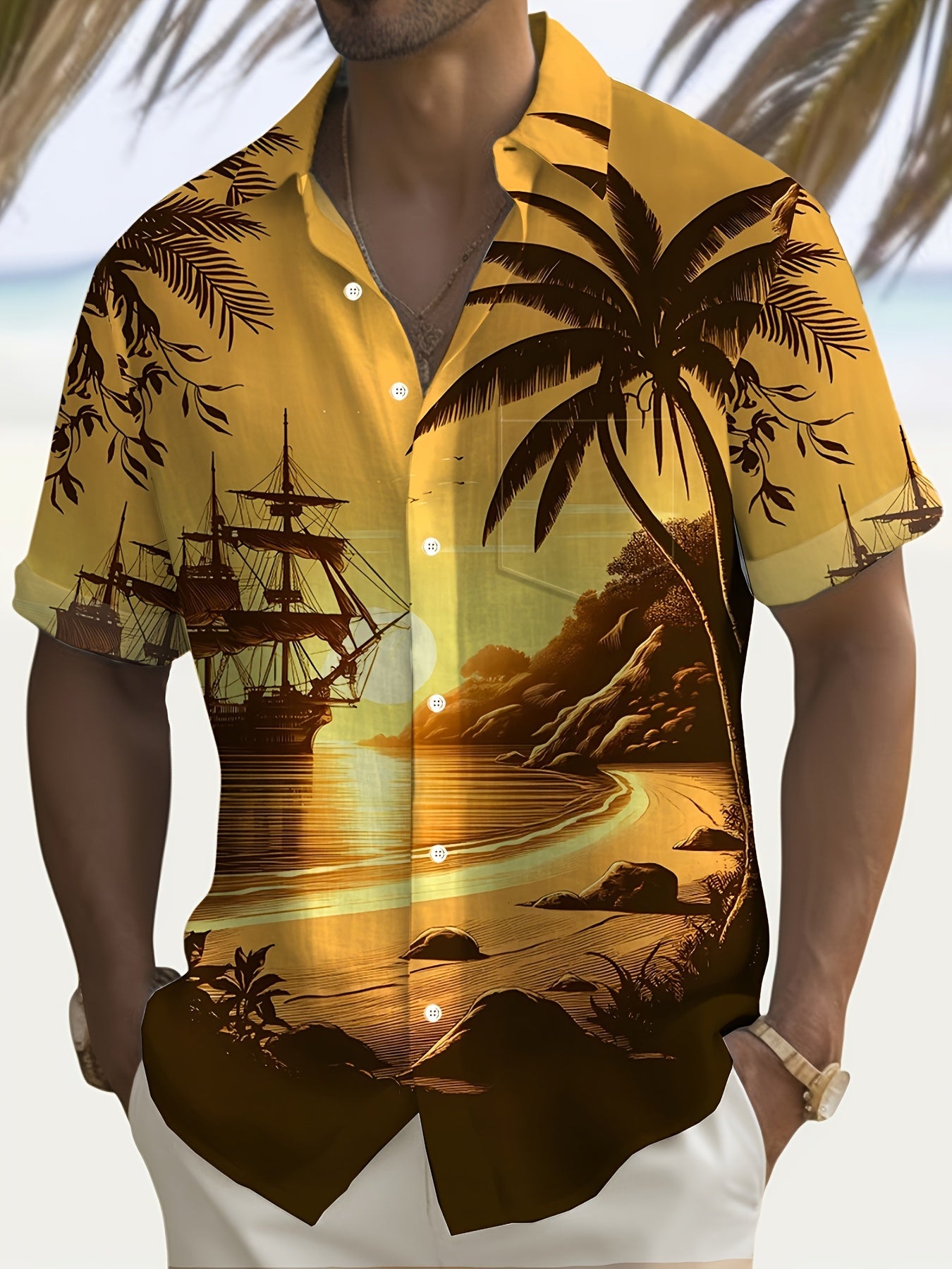 Men's Hawaiian Sunset Sailboat 3D Print Polyester Shirt with Lapel Collar and Pocket