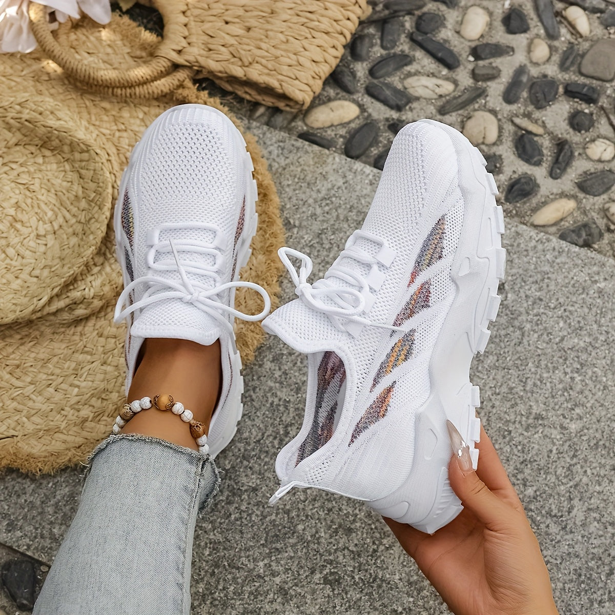 Women’s Breathable Knit Sneaker Casual Low-Top Walking Shoe with Round Toe