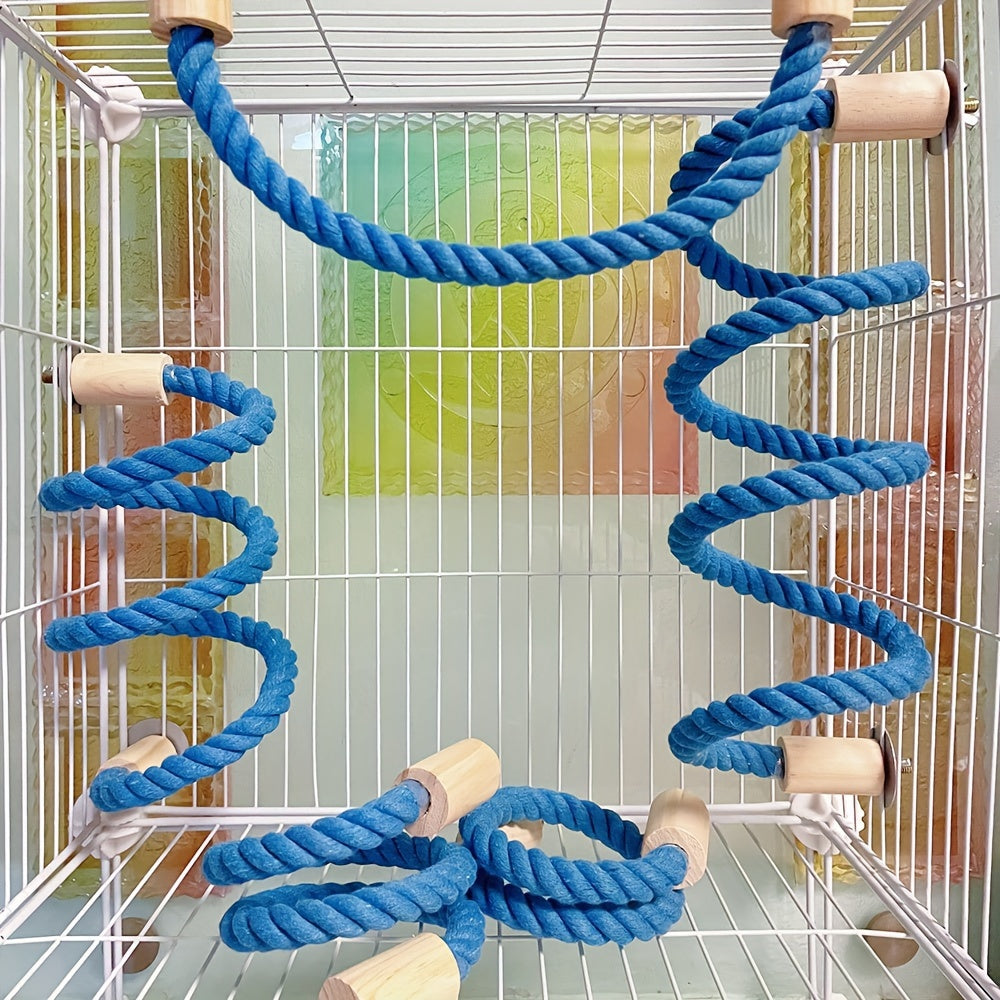 Blue Braided Rope Bird Perch with Wooden Platforms for Small Birds and Pets