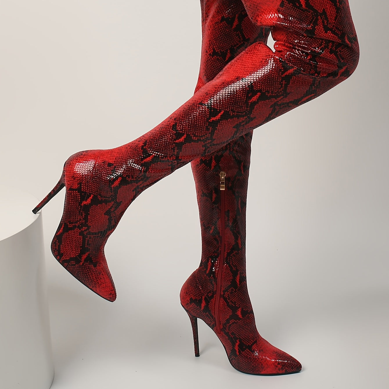Women's Snakeskin Pattern Over The Knee Stiletto Boots with Side Zipper