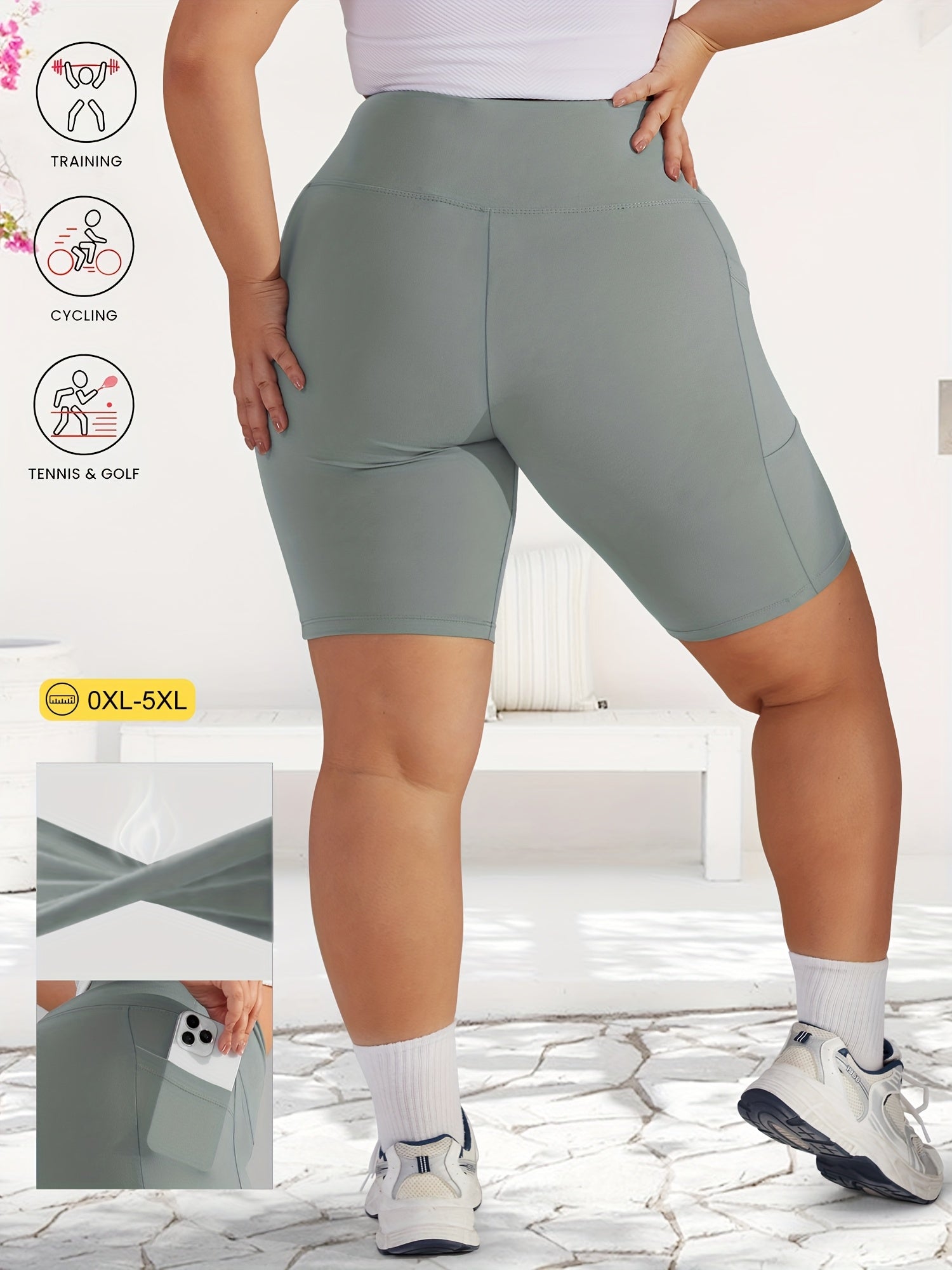 Women's Plus Size High-Waist Tummy Control Workout Shorts with Pockets