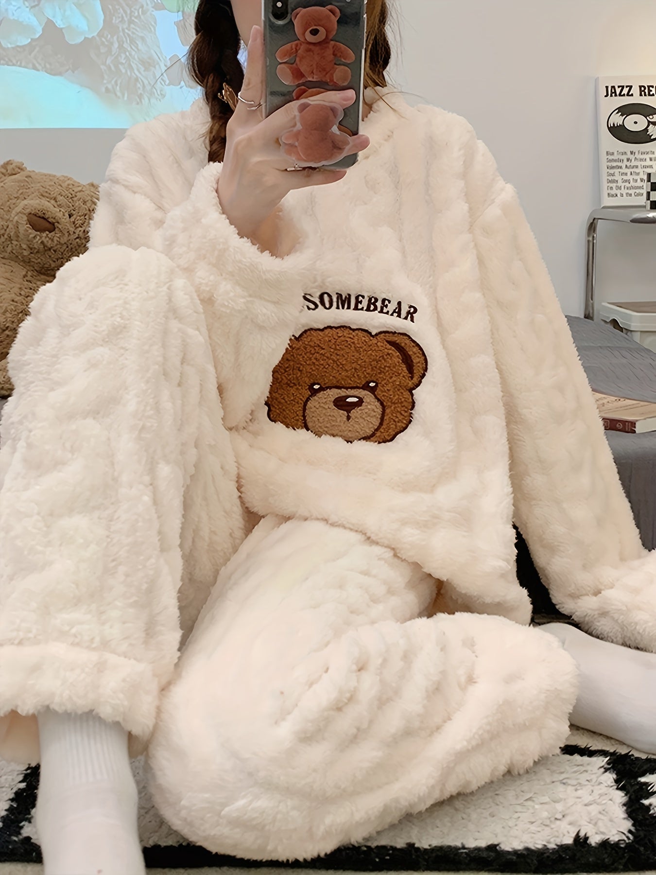 Пижама из фланели для женщин больших размеров с вышивкой медведя, длинный рукав, зимняя одежда для сна