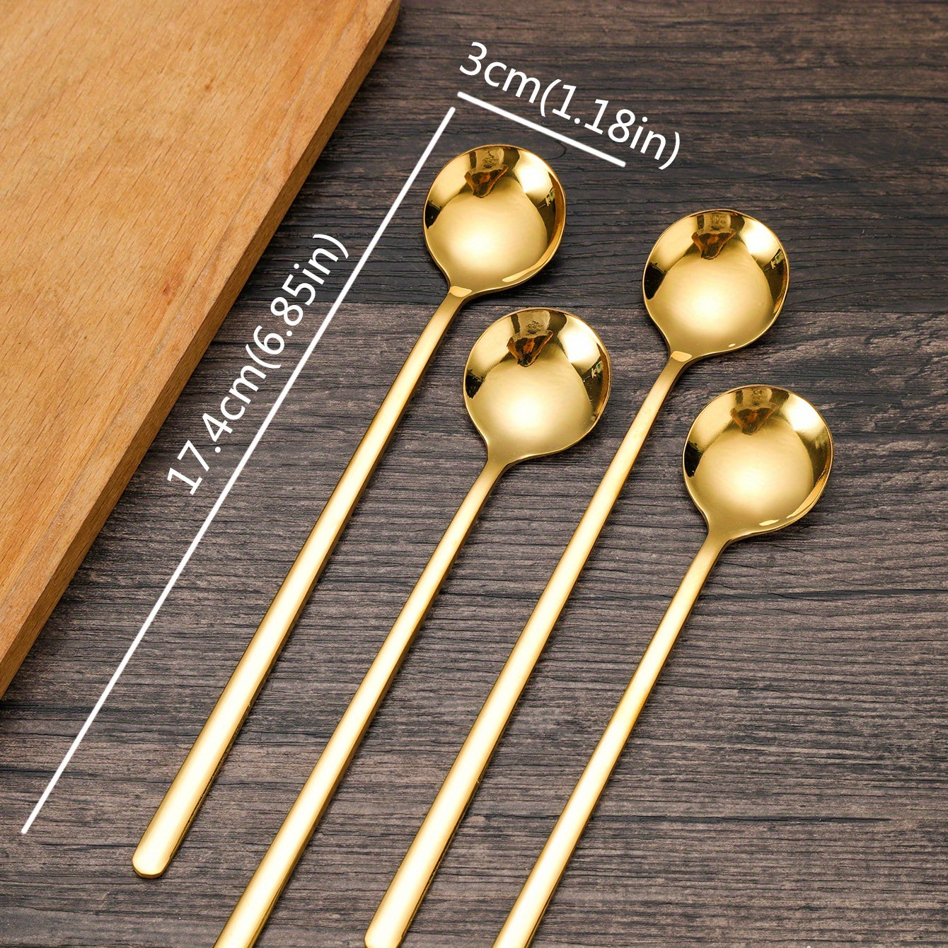 Set of 4 Gold Stainless Steel Long-Handled Spoons for Coffee, Ice Cream, and Honey