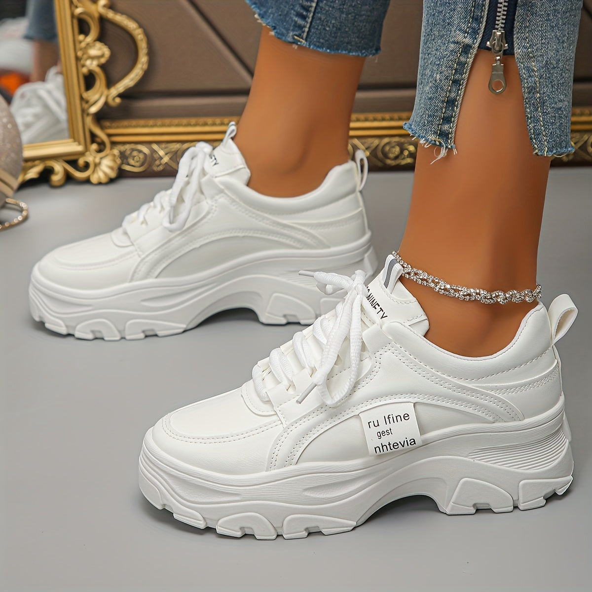 Women Chunky Sneakers Lightweight Breathable Casual Shoes White Low Top