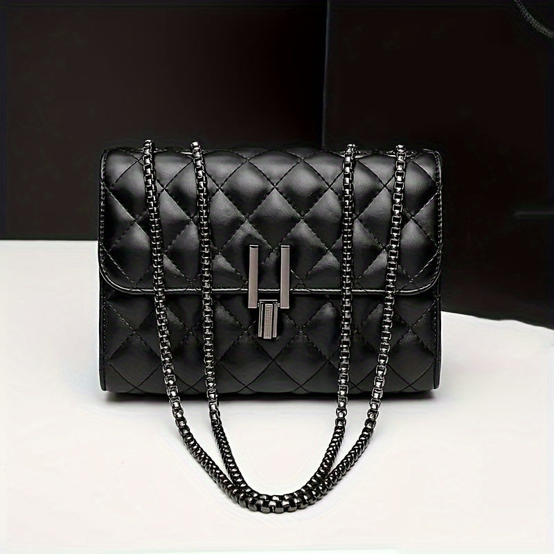 Black Faux Leather Crossbody Bag with Chain Strap for Women