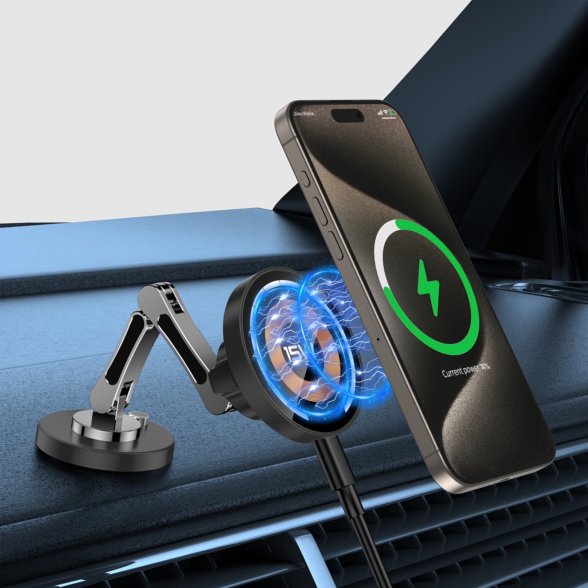 Wireless Car Phone Charger 15W Magnetic Wireless Charger 360° Rotation Telescopic Angle for Apple Phones