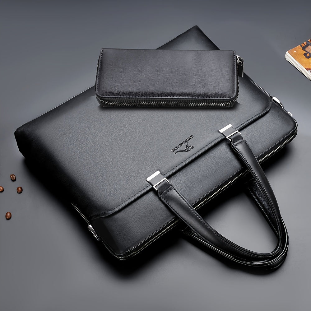 Men's Minimalist Black PU Leather Handbag Set with Computer Briefcase for Office