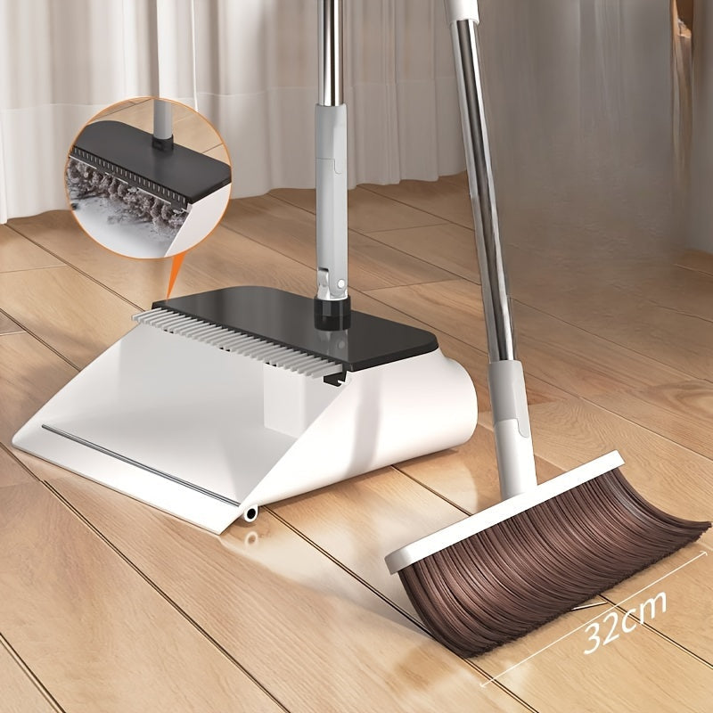 Multi-Surface Push Broom and Dustpan Set with Self-Cleaning Teeth