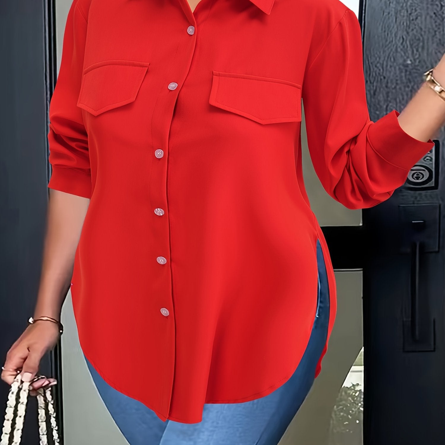 Plus Size Woven Polyester Blouse with Curved Hem, Button Front and Collared