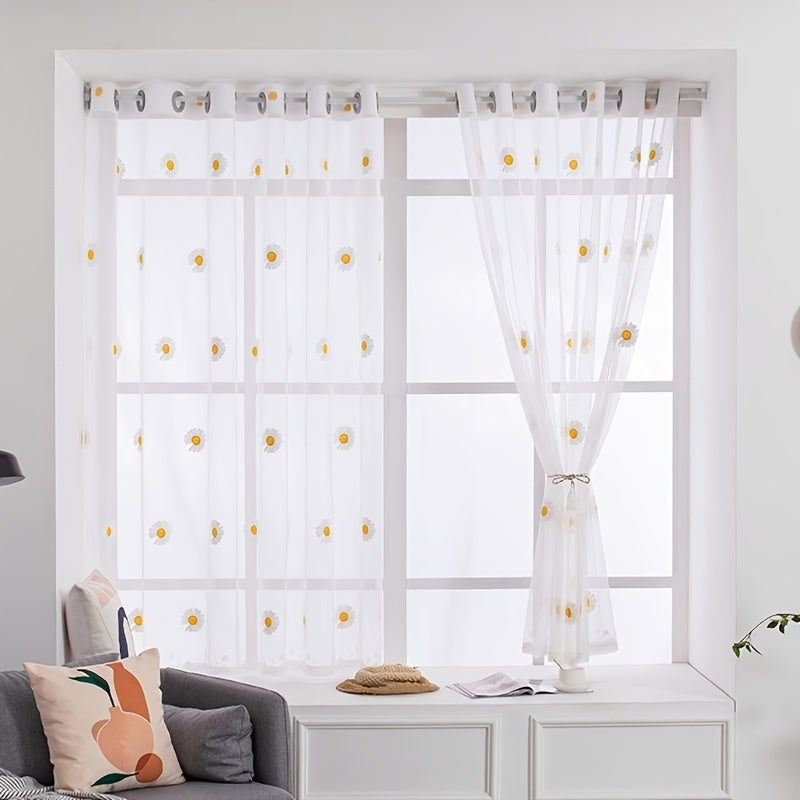 "Тюлевая занавеска с узором желтой ромашки, полупрозрачная панель с вышитыми цветами в деревенском стиле, занавеска с люверсами для кухни, ресторана или домашнего декора"