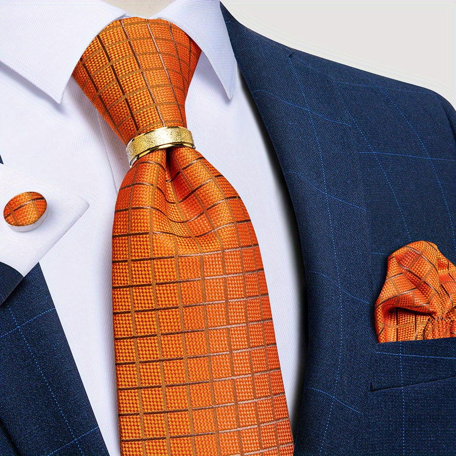 Men's Tie Set with Paisley Plaid and Striped Designs Including Pocket Square Cufflinks Ring