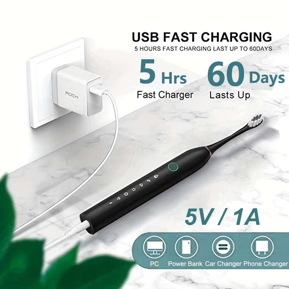 Qayta zaryadlanadigan USB elektr tish cho'tkasi, 6 tezlikdagi vibratsiya va 28000 VPM quvvatiga ega, kattalar uchun 4 yoki 8 ta maxsus yumshoq cho'tka boshlarini o'z ichiga oladi.