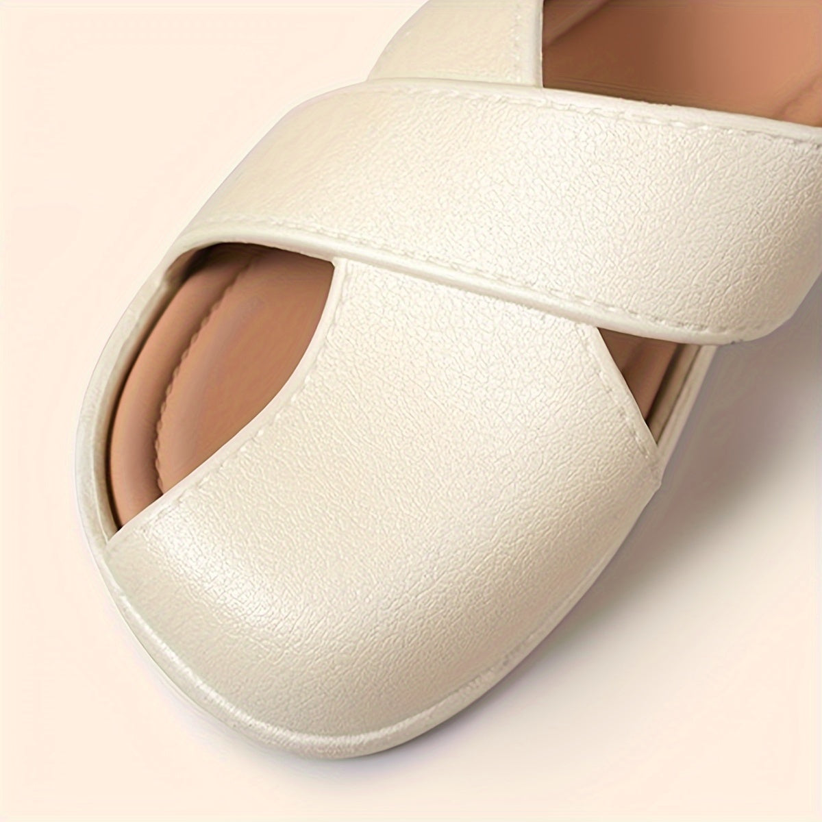 Women's Cross Strap Flat Sandals Breathable PVC Open Toe Shoes in White Beige Black
